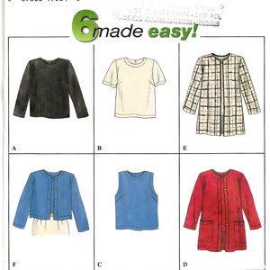May include: A sewing pattern for six different garments, including a black long-sleeved top, a white short-sleeved top, a plaid jacket, a blue cardigan, a blue sleeveless top, and a red jacket. The pattern is from Simplicity and is labeled "made easy!"