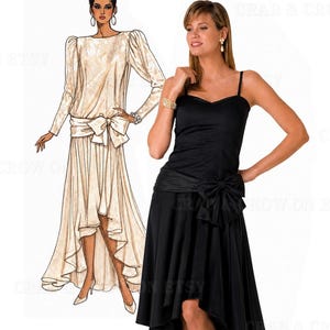 May include: A Simplicity sewing pattern illustration featuring a long-sleeved dress with a high-low hem and a large waist bow, alongside a photograph of a black spaghetti-strap dress with a matching high-low hem and a prominent waist bow.