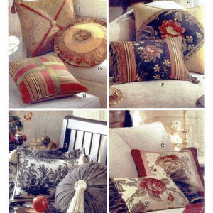 May include: A pattern sheet featuring various decorative pillows. The pillows showcase diverse designs, including floral patterns, striped fabrics, and textured elements. The sheet includes the text "B4372 Butterick Waverly" and "One Size".