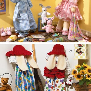 May include: Four fabric dolls labeled A, B, C, and D. Doll A wears a pink gingham dress and bonnet. Doll B wears a blue gingham jumpsuit. Doll C wears a red hat and patterned pants with animal prints. Doll D wears a red hat and striped pants.