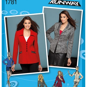 May include: Simplicity sewing pattern #1781, inspired by Project Runway, features a blazer with a variety of styles. The pattern includes a red blazer with a collar, buttons, and pockets, a gray blazer with a collar, buttons, and pockets, and a black and white checkered blazer with a collar, buttons, and pockets.