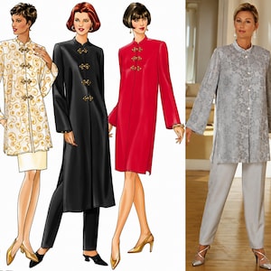 May include: A sewing pattern illustration titled FAST&EASY CLASSICS featuring four variations of a long-sleeved tunic with a mandarin collar and frog closures, alongside a photograph of a finished grey patterned tunic and matching trousers.