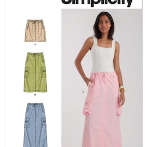 May include: A sewing pattern for three skirts, labeled A, B, and C.  Skirt A is a plaid mini skirt. Skirt B is a green cargo skirt. Skirt C is a long pink cargo skirt. The pattern number is S9891. The text "Simplicity" is printed in black at the top of the page.