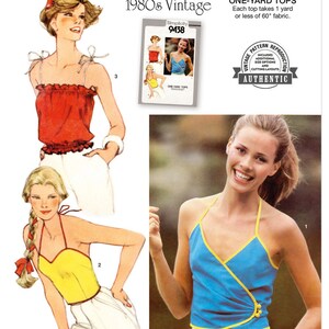 May include: Vintage sewing pattern for three halter tops. The pattern is from Simplicity and is labeled "1980s Vintage One-Yard Tops". The pattern includes instructions for making a blue halter top with yellow trim, a yellow halter top with red trim, and a red halter top with white trim.