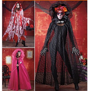 May include: Simplicity sewing pattern 1029 featuring costume designs. The image shows three costume options: a red and white hooded cloak, a black lace cape with skeleton gloves, and a pink hooded cape. The pattern is one size.