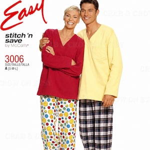 May include: A sewing pattern envelope labeled Easy stitch 'n save by McCall's 3006 A [S-M-L]. The image displays two long-sleeve V-neck shirts with chest pockets, one in red and one in yellow, paired with patterned pajama pants.