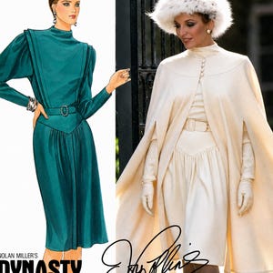 May include: A McCall's sewing pattern envelope for Nolan Miller's Dynasty TV Series Collection. The cover features an illustration of a teal dress and a photograph of a cream-colored dress with a matching cape, fur hat, and gloves, with text.