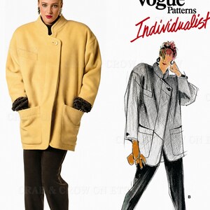 May include: A sewing pattern envelope for a Vogue Patterns Individualist jacket by Claude Montana, number 1767. The image displays a yellow jacket with a high collar, single button closure, and two large patch pockets, paired with dark trousers.