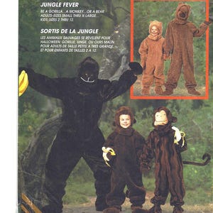 May include: A sewing pattern for jungle animal costumes. The pattern includes instructions for making a gorilla, monkey, and bear costume. The pattern is for adults sizes small through extra large and kids sizes 2 through 12. The pattern is called "Jungle Fever" and is McCall's pattern number 7863.