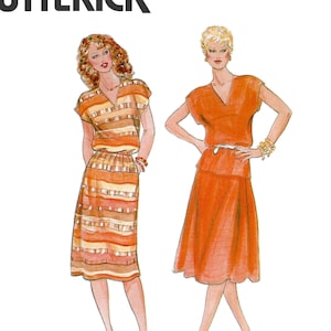 May include: Two women's dress patterns with a striped and solid orange design. The pattern is labeled "Butterick" and "Fast & Easy".