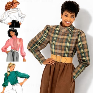 May include: A sewing pattern illustration featuring three blouse variations with long puff sleeves and high necklines, alongside a photograph of a plaid long-sleeve blouse with a high collar, worn with a wide tan belt and a brown skirt.