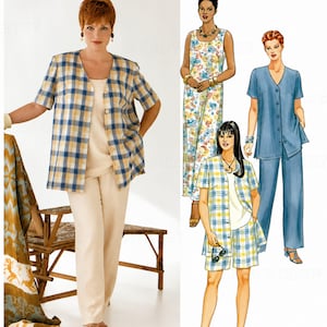 May include: Easy McCall's Womanstyle sewing pattern envelope featuring a photograph of a person in a blue and yellow plaid jacket, cream top, and cream pants, alongside illustrations of a floral dress, a blue pant suit, and a plaid shorts set.