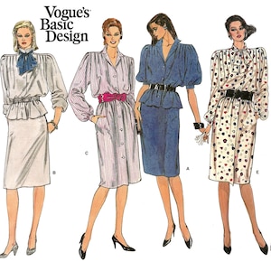 May include: Vogue's Basic Design pattern featuring five different dress designs. The dresses include a white blouse and skirt, a striped button-down dress with a pink belt, a blue dress with a belt, a polka dot dress, and a black dress.