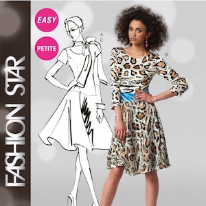 May include: A fashion design pattern for a dress with a leopard print and a blue sash. The pattern is labeled "Easy" and "Petite". The pattern is from McCall's.
