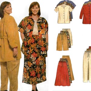 May include: Two women model various outfits, including a mustard-colored coat and plaid pants, and a floral print skirt suit. The image also shows pattern designs for shirts, shorts, and skirts. The text "Easy Endless Options" is in the bottom right corner.