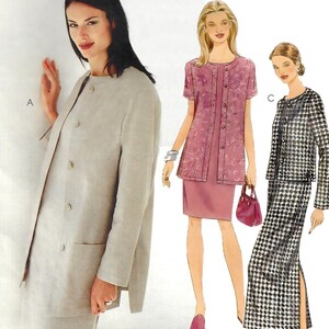 May include: A McCall's sewing pattern featuring three women's outfits. One is a light beige skirt suit, another is a pink skirt suit with a floral top, and the third is a black and white houndstooth skirt suit. The McCall's logo is at the bottom.