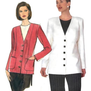May include: Two illustrations of women wearing different jackets. The jacket on the left is red and the jacket on the right is white. Both jackets have a V-neck and button closures. The text "VOGUE PATTERNS" is at the top of the image.