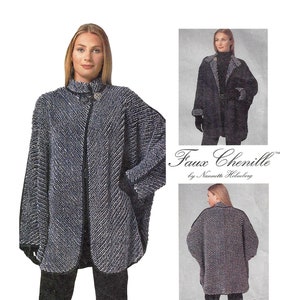 May include: A McCall's sewing pattern for a long, black and white, faux chenille cape with a collar and pockets. The pattern is called "Faux Chenille" by Nannette Helmholz.