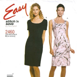 McCalls 2460 Sewing Pattern for Misses Easy Short Sleeved or Sleeveless Dress with Scoop Neckline Stitch and Save sz 8-14 or 16-22 Uncut