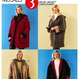 May include: McCall's 3 Hour Jacket sewing pattern featuring four variations of a hooded, button-front jacket. The designs include a red jacket with black trim, a brown jacket with tan lining, a patterned jacket, and a black jacket with red trim.
