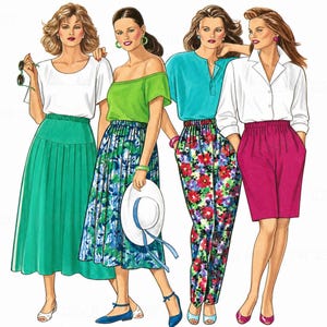 May include: New Look 6071 sewing pattern illustration featuring four outfits: a white top with a green skirt, a lime green off-shoulder top with a blue floral skirt, a teal top with floral pants, and a white collared shirt with magenta shorts.