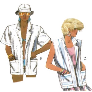 May include: A sewing pattern for a white jacket with short sleeves and a striped vest. The pattern is called "Easy McCall's" and includes instructions for making both garments.