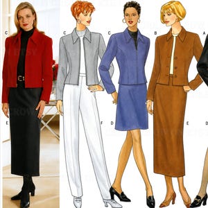 May include: A sewing pattern illustration featuring five outfits: a red jacket with a black skirt, a gray jacket with white trousers, a blue jacket with a blue skirt, a brown jacket with a brown skirt, and a black jacket with a patterned skirt.