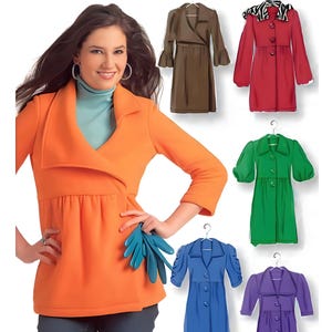 May include: A McCall's sewing pattern for a women's coat. The pattern includes five different styles of coats, each with a different color and design. The coats are shown on hangers and a model is wearing one of the coats.