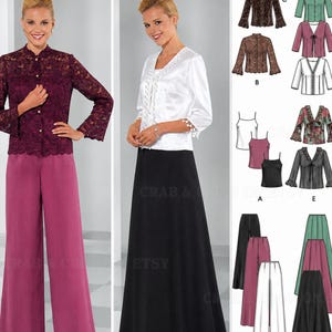 May include: A sewing pattern illustration featuring two outfits: a dark purple lace long-sleeve top with wide-leg trousers, and a white satin jacket with a black floor-length skirt. Technical sketches show various top, jacket, and pant variations.