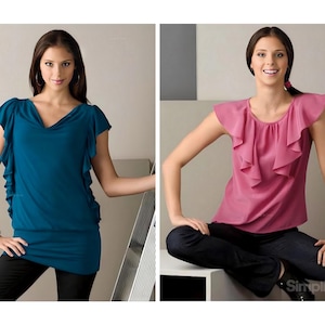 May include: Two women modeling tops. One is wearing a teal top with ruffled sleeves and a V-neck, paired with black pants. The other is wearing a pink top with ruffled sleeves and a round neck, paired with dark jeans. The word "Simplicity" is visible.