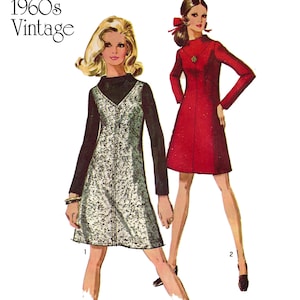 May include: Vintage Simplicity sewing pattern from the 1960s. The illustration features two women modeling dresses. One dress is silver with a black top, and the other is a solid red dress. The text "Simplicity 1960s Vintage" is at the top.