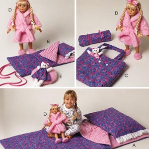 May include: A doll wearing a pink fuzzy bathrobe and slippers, a blue floral sleeping bag with a pink gingham lining, a matching pillow with white lace trim, a blue floral tote bag, and a small stuffed cat toy wearing a blue floral dress.