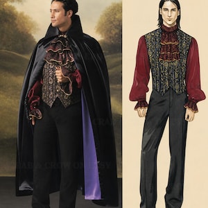 May include: A costume set featuring a black satin cape with a purple lining, a dark patterned vest, a deep red long-sleeved shirt with ruffled cuffs and a matching neck ruff, and black trousers. The ensemble is shown on a person and in an illustration.