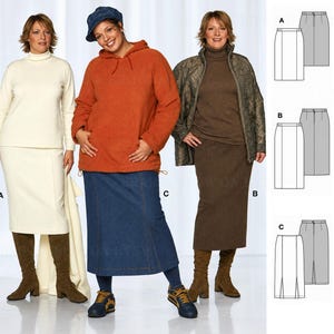 May include: A sewing pattern illustration featuring three skirt variations labeled A, B, and C. The image displays a cream skirt, a blue denim skirt, and a brown skirt, each paired with tops and boots, alongside technical line drawings of each skirt style.