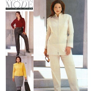 May include: A sewing pattern for a women's suit with a long jacket and pants. The pattern includes two different styles: one with a yellow jacket and a gray skirt, and one with a white jacket and pants. The pattern is from Vogue Patterns, Mode Magazine Collection.