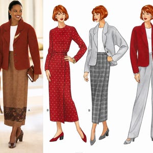 May include: A sewing pattern illustration featuring a collection of garments including a long-sleeved jacket, a long skirt with a patterned hem, a long-sleeved dress with a geometric print, a plaid skirt, and tailored trousers, all displayed in various color combinations.