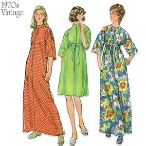 May include: Vintage illustration of three women wearing 1970s-style dresses. The dresses are in red with white polka dots, green, and blue with floral patterns. The dresses have different sleeve lengths and necklines. The word "Simplicity" is at the bottom.