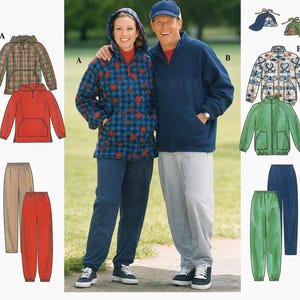 May include: A sewing pattern envelope featuring illustrations and photographs of hooded pullovers, zip-front jackets, hats, and elastic-waist pants. The designs include plaid, floral, and solid color variations in red, blue, green, and tan, with labels A and B.