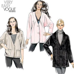 May include: Vogue Patterns sewing pattern featuring three jacket designs. The jackets are shown in beige, pink, and black. The beige jacket has pockets, the pink jacket has buttons, and the black jacket has a textured pattern. The text "VERY EASY VOGUE PATTERNS" is at the top.