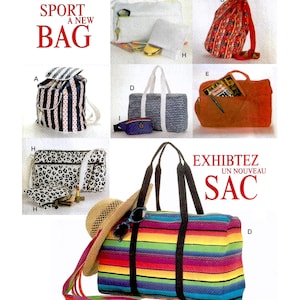 May include: Collection of various bags, including a striped backpack, a drawstring bag, a tote bag, and a duffel bag. The bags feature diverse patterns and colors, with text that reads "SPORT A NEW BAG" and "EXHIBTEZ UN NOUVEAU SAC."