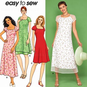 May include: A sewing pattern envelope titled easy to sew featuring illustrations of four dresses with square necklines and short sleeves. Three are shown as drawings in pink floral, solid green, and solid red, while one is a photograph of a white floral dress.