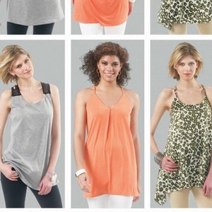 May include: A sewing pattern for a sleeveless top with a variety of neckline and hemline options. The pattern includes four different styles: a gray top with a lace back, an orange top with a gathered neckline, a green and brown animal print top with a high-low hemline, and a gray top with a racerback.
