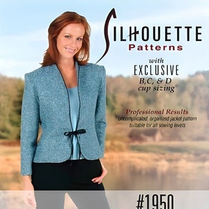 May include: A woman models a blue jacket with a black bow tie. The jacket is part of a sewing pattern called "Max's Jacket" from Silhouette Patterns. The pattern includes sizes 1-4 and 5w-8w. The pattern is shown with a tank top and pants.