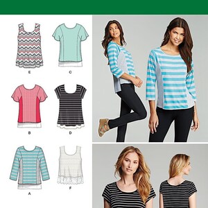 May include: Simplicity sewing pattern 1199 for tops in sizes XXS-XXL. The pattern includes illustrations and photographs of various shirt designs, including striped three-quarter sleeve tops, solid color shirts, and sleeveless tops with layered hems.