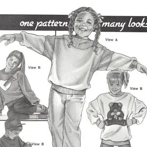 May include: Vintage sewing pattern for children's designer sweatshirts, featuring multiple views and chest sizes from 21 to 31 inches. The cover art shows illustrations of children wearing the sweatshirts. Designed by Ann Person.