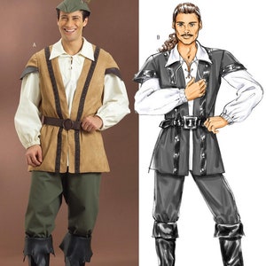 May include: Butterick B4574 sewing pattern for a costume featuring a long-sleeved white shirt, a sleeveless tunic with decorative trim, a belt, pants, and a hat. The pattern includes size XM, covering small, medium, and large sizes for the garment.