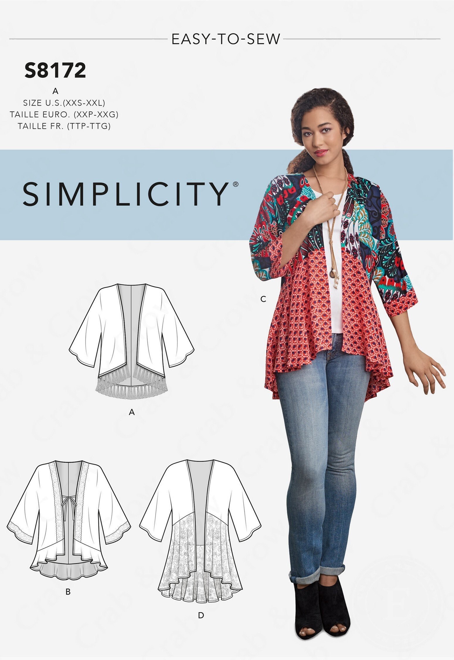 Simplicity S8172 Sewing Pattern Misses Fashion Kimonos with Length Fabric and Trim Variations sz XXS-XXL Uncut