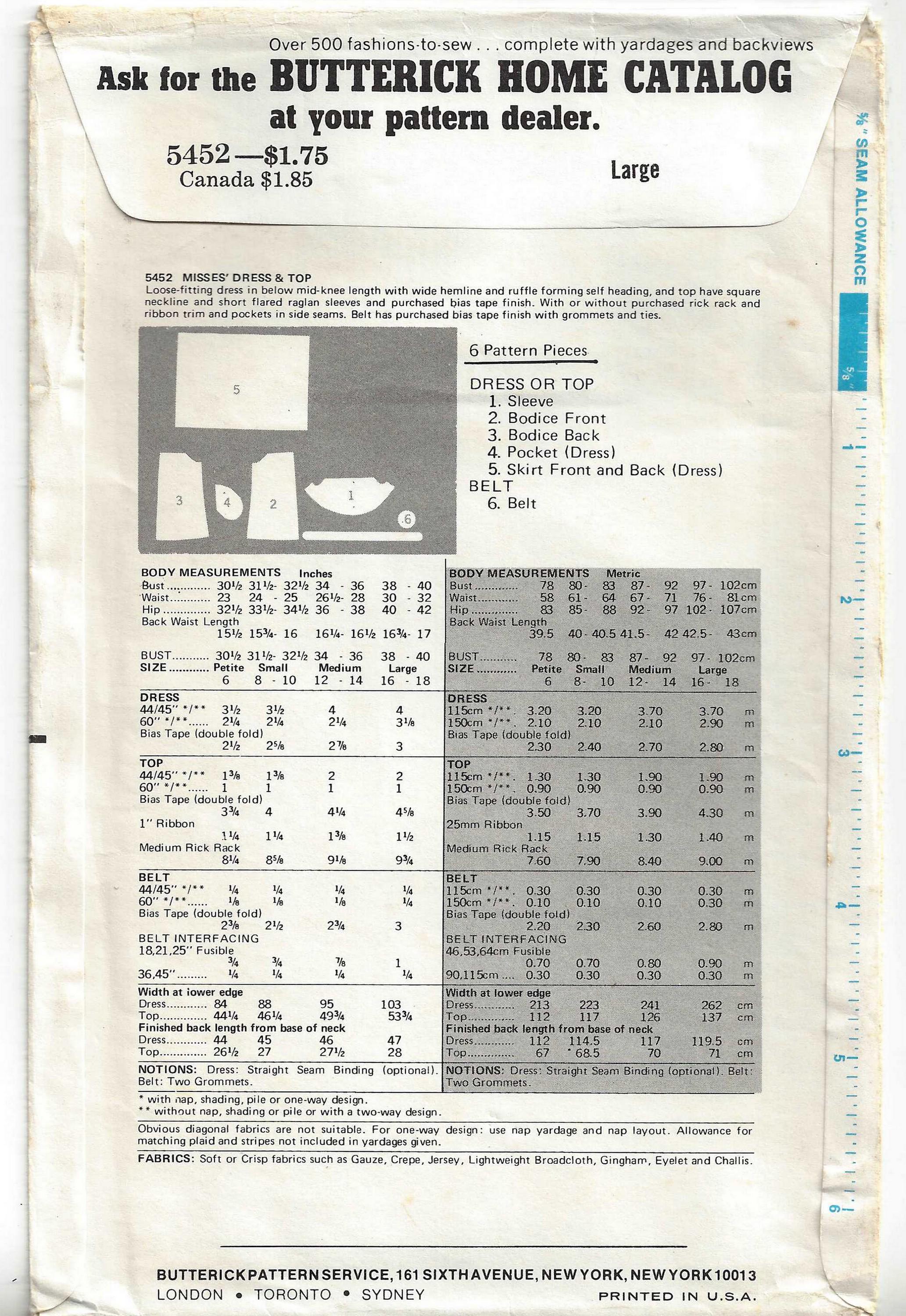 Butterick 5452 Sewing Pattern Misses Vintage 70s Loose Fitting Raglan ...