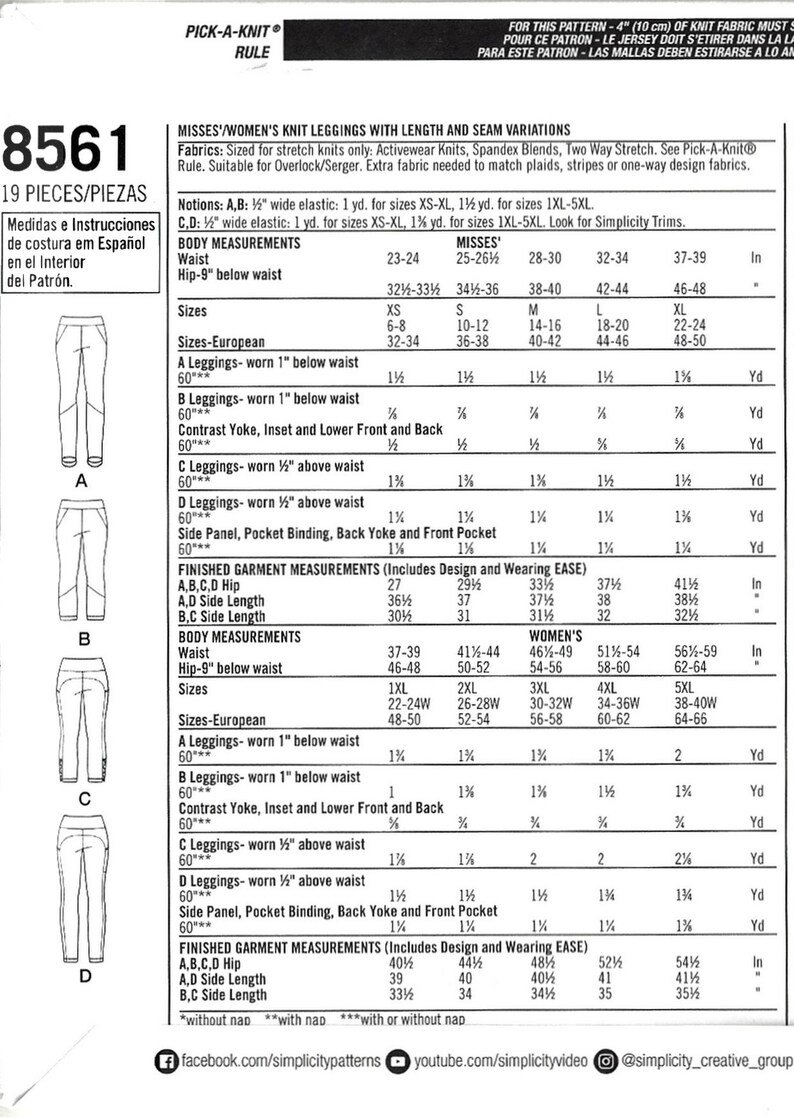 Simplicity 8561 Sewing Pattern Misses Knit Leggings Sz XS-XL - Etsy