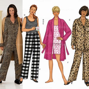 May include: A sewing pattern illustration featuring four pajama sets: a leopard print set with a tan robe, a black and white gingham tank and pant set, a pink floral print robe over a white slip, and a leopard print button-down shirt and pant set.